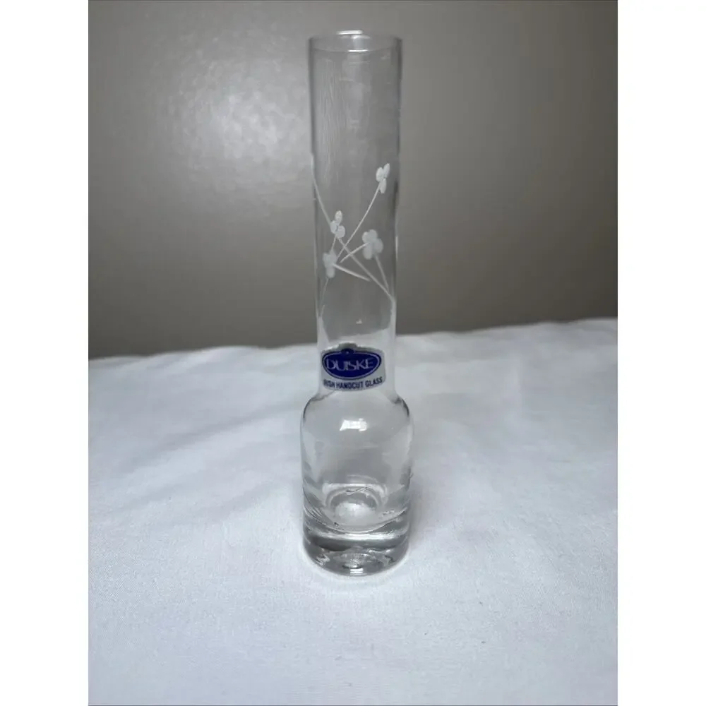 DUISKE Irish Handcut Etched Frosted Floral Design Leaves Clear Glass Vase 6” EUC